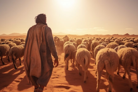 A man is seen walking in the desert accompanied by a herd of sheep. This image can be used to depict concepts such as nomadic lifestyle, animal husbandry, or the challenges of survival in harsh environments.の素材