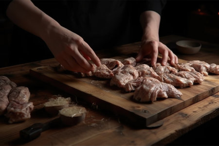 A person is shown chopping meat on a cutting board. This image can be used to depict cooking, food preparation, or butchery activities.の素材