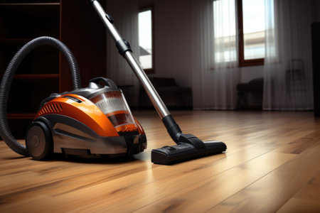 A vacuum cleaner is on the floor in a room. This image can be used to illustrate household cleaning or home maintenance.の素材