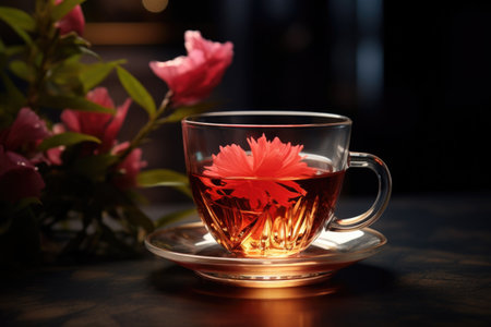 A cup of tea with a beautiful flower floating inside. This image can be used to depict relaxation, tranquility, or a cozy tea time.の素材