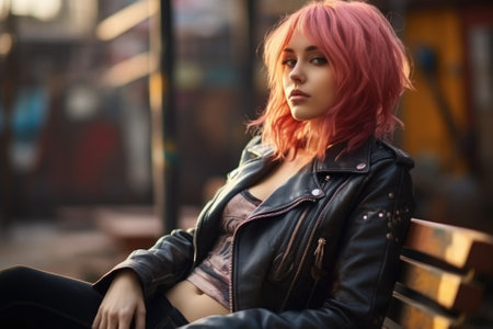 A woman with pink hair sitting on a bench. This picture can be used to depict a modern and trendy woman enjoying a peaceful moment in a park or urban setting.の素材