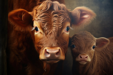 A picture of a couple of brown cows standing next to each other. This image can be used to represent farm animals or rural landscapes.の素材