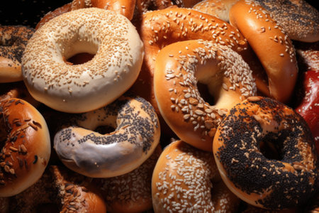 A delicious assortment of bagels with sesame seeds and colorful sprinkles. Perfect for breakfast or brunch.の素材