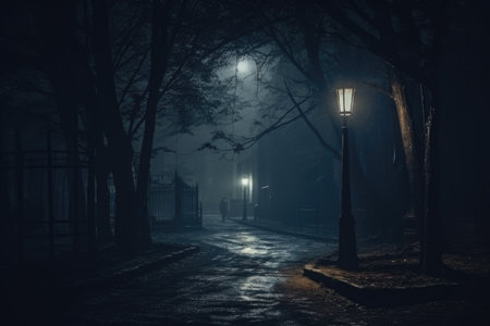 A dark street illuminated by a single street light. This picture can be used to depict urban landscapes, city nightlife, or the feeling of walking alone at night.の素材