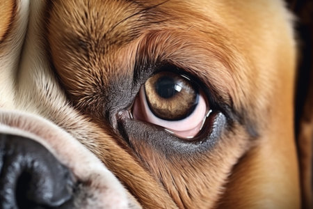 A detailed close-up view of a dog's eye and nose. This image captures the intricate details and textures of the dog's eye and the wet nose. Ideal for animal lovers and pet-related projects.の素材
