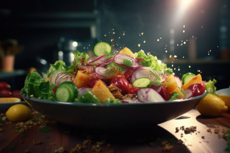 A bowl of delicious and healthy salad placed on a rustic wooden table. Perfect for food and lifestyle blogs, restaurant menus, and healthy eating promotions.の素材