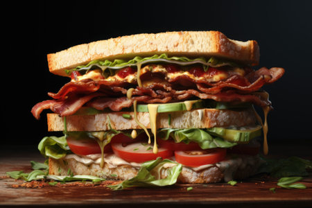 A delicious sandwich with crispy bacon, fresh lettuce, juicy tomato, and melted cheese. Perfect for a quick and satisfying meal. Can be used in food blogs, restaurant menus, and recipe websites.の素材