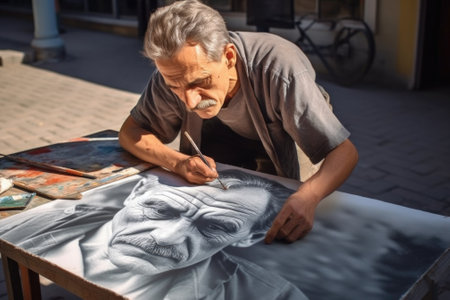 A man is shown in the process of drawing a picture of another man. This image can be used to illustrate creativity, art, drawing, and artistic expression.の素材
