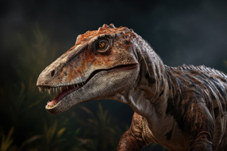 A detailed close-up image of a dinosaur with its mouth wide open. This image can be used to depict prehistoric creatures, Jurassic period, natural history, or as a visual representation of ancient predators. Ideal for educational materials, science articles, or dinosaur-themed projects.の素材