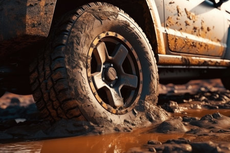 A detailed view of a truck tire on a muddy road. This image can be used to depict transportation, off-road driving, or difficult conditions. .の素材