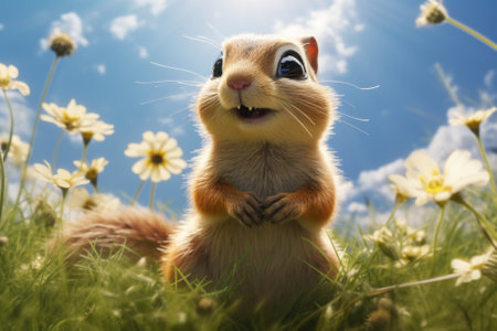 A squirrel standing on its hind legs in a field of colorful flowers. This image can be used to depict wildlife in nature or to symbolize the beauty of the outdoors.の素材