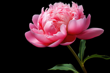 A beautiful pink flower with vibrant green leaves, set against a dramatic black background. This image can be used to add a pop of color and elegance to various design projects.の素材