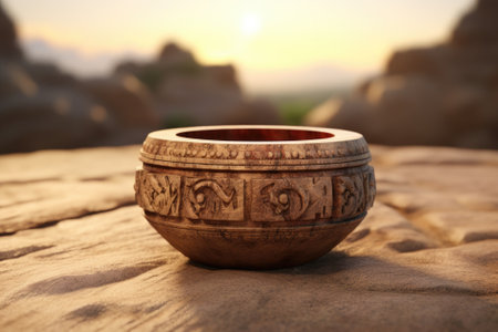 A wooden bowl sitting on top of a rock. Perfect for nature-inspired designs and rustic-themed projects.の素材