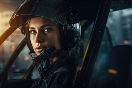 A woman is pictured sitting in a helicopter while wearing a helmet. This image can be used to depict a female pilot or for any aviation-related content.の素材