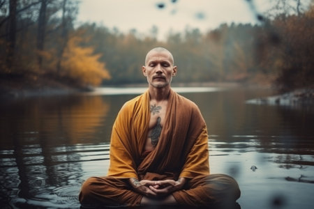 A man is seated in the middle of a body of water. This image can be used to depict solitude, relaxation, or meditation in a natural setting.の素材