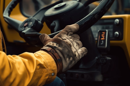 A close up image of a person driving a tractor. This picture can be used to showcase agricultural activities or depict rural life.の素材