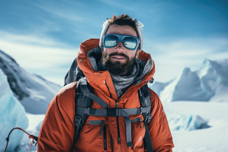 A man wearing an orange jacket and goggles standing in the snow. This image can be used to depict winter sports or outdoor activities in snowy conditions.の素材