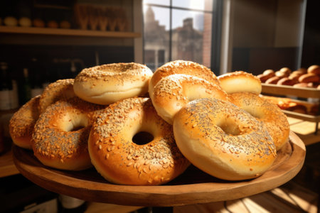 A collection of delicious bagels arranged neatly on a wooden plate. Perfect for breakfast or a quick snack.の素材