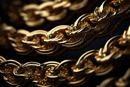 A detailed close-up view of a gold chain against a black background. This image can be used to depict luxury, fashion, jewelry, or elegance.の素材