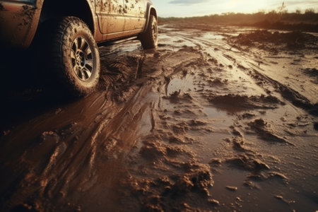 A truck driving through a muddy road. This image can be used to depict off-road adventures or transportation in challenging conditions.の素材