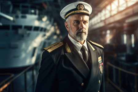 A man dressed in a military uniform stands confidently in front of a majestic ship. This image can be used to depict themes of strength, leadership, and the armed forces. Ideal for military-related websites, blogs, and articles.の素材