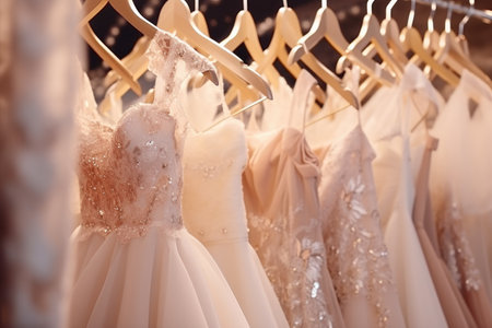 A row of wedding dresses hanging on a rack. Perfect for bridal shop advertisements or articles about wedding dress trends.の素材