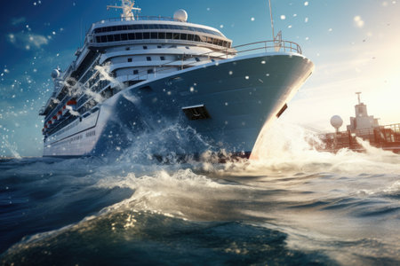 A majestic cruise ship sailing through the vast ocean. Perfect for travel brochures and vacation advertisements.の素材