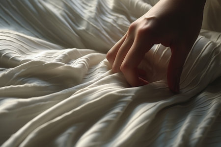 A person is shown lying in a bed with a white sheet. This image can be used to depict relaxation, sleep, or a bedroom setting.の素材