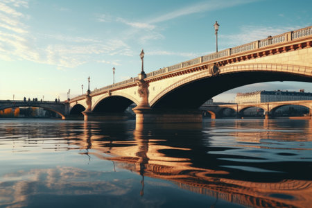 A picturesque bridge spanning a serene body of water, with a clear blue sky overhead. This image can be used to represent tranquility and natural beauty.の素材