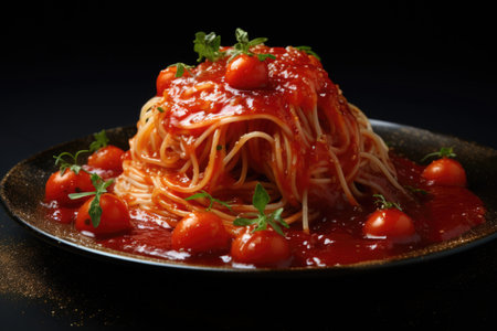 A plate of spaghetti topped with fresh tomatoes and sprinkled with parsley. Perfect for Italian cuisine or food-related designs.の素材