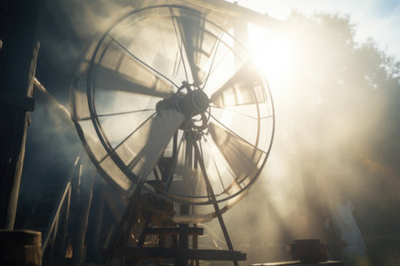 A windmill spinning on top of a wooden table. Suitable for various uses.の素材