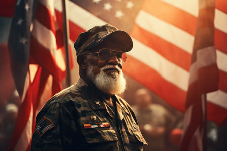 A man dressed in a military uniform stands proudly in front of an American flag. This powerful image captures patriotism and honor, making it suitable for various purposes.の素材