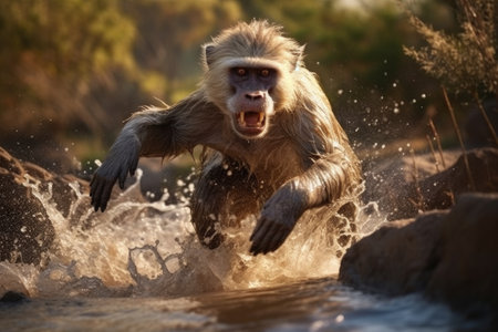 A monkey captured in motion as it runs through water. This image can be used to depict the agility and playfulness of animals in their natural habitat.の素材
