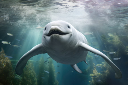 A picture of a white dolphin swimming in the ocean with its mouth open. This image can be used to depict the beauty and grace of marine life. It is suitable for educational materials, nature documentaries, or websites related to marine biology.の素材