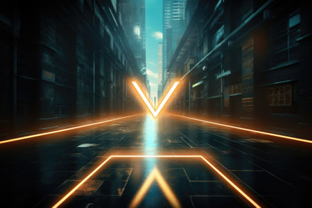 A city street with a prominent neon V sign. This image can be used to showcase urban nightlife or as a symbol of vibrant city life.の素材