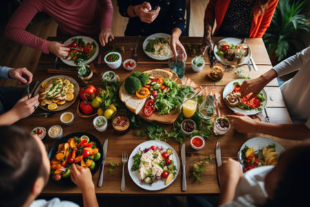 A group of people sitting at a table, enjoying a meal together. This image can be used to depict family gatherings, dinner parties, or restaurant scenes.の素材