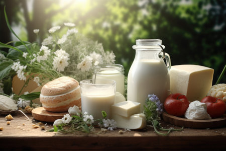 A picture of a table with a spread of cheese, milk, bread, and tomatoes. This versatile image can be used for various food-related concepts and themes.の素材