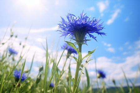 A close-up shot of a beautiful blue flower in a field. This image can be used to add a touch of nature and color to any project.の素材