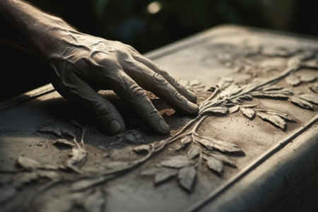 A close-up shot of a person's hand resting on a table. This simple yet impactful image can be used to convey concepts of relaxation, concentration, or even solitude. It is suitable for various projects and designs.の素材