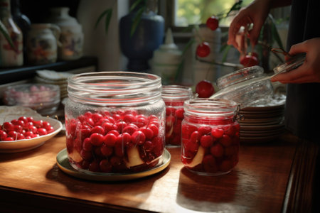 A table with various jars filled with delicious cherries. Perfect for food and summer-themed designs.の素材