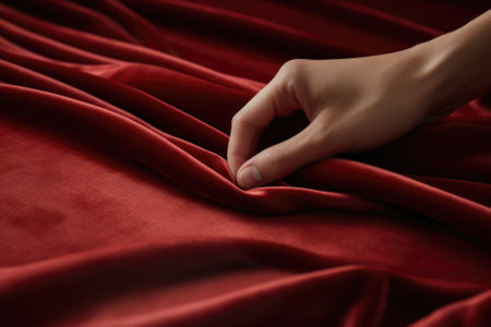 A close-up photograph of a person's hand resting on a vibrant red cloth. This image can be used to convey concepts such as touch, texture, or creativity in various projects.の素材