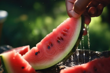 A person holding a slice of watermelon. This image can be used to depict the enjoyment of summer and refreshing fruit.の素材