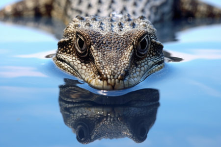 A detailed view of a lizard's face reflected in the water. This image can be used to depict the intricate features and beauty of reptiles. Ideal for educational materials, nature magazines, or websites focused on wildlife.の素材
