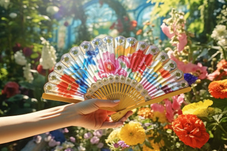 A person holding a colorful fan in front of a vibrant display of flowers. Perfect for adding a pop of color to any project or design.の素材