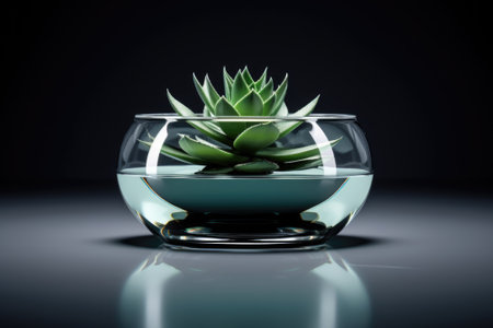A small plant is displayed in a glass bowl on a table. This versatile image can be used to depict nature, home decor, gardening, or indoor plants.の素材