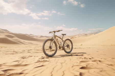 A bicycle parked in the middle of a desert. This image can be used to depict solitude, adventure, or the concept of exploring new horizons.の素材