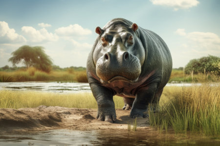 A picture of a hippo standing in the grass by the water. Suitable for nature and wildlife themes.の素材