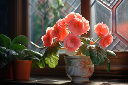 A potted plant sitting on a windowsill next to a window. Perfect for adding a touch of nature to any indoor space.の素材