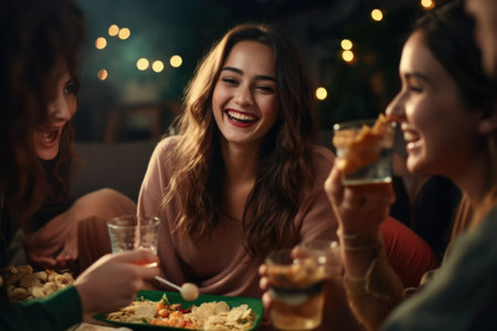 A group of women gathered around a table, enjoying a meal together. This image can be used to depict friendship, community, or social gatherings.の素材