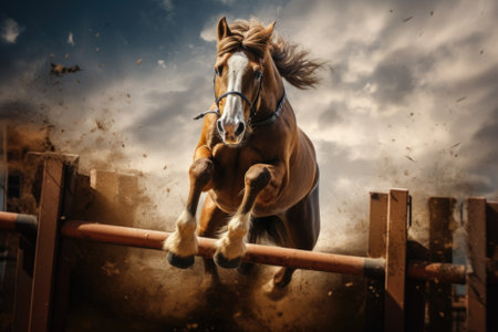 A brown horse is shown jumping over a wooden fence. This image can be used to depict equestrian sports or the beauty of nature.の素材